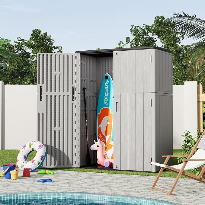 KINYING Outdoor Vertical Storage Shed,57 Cu.ft Outdoor Storage Cabinet Waterproof,Resin Sheds & Outdoor Storage for Garden,Patio,Backyard,Lockable (Grey Color) - Image 7