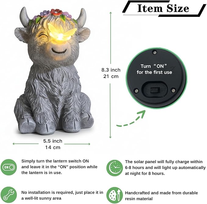 Solar Highland Cow Garden Statue with Glowing Butterfly, Outdoor Highland Cow Decorations for Patio Yard Lawn Ornaments, Gifts for Mom/Grandma Birthday Housewarming