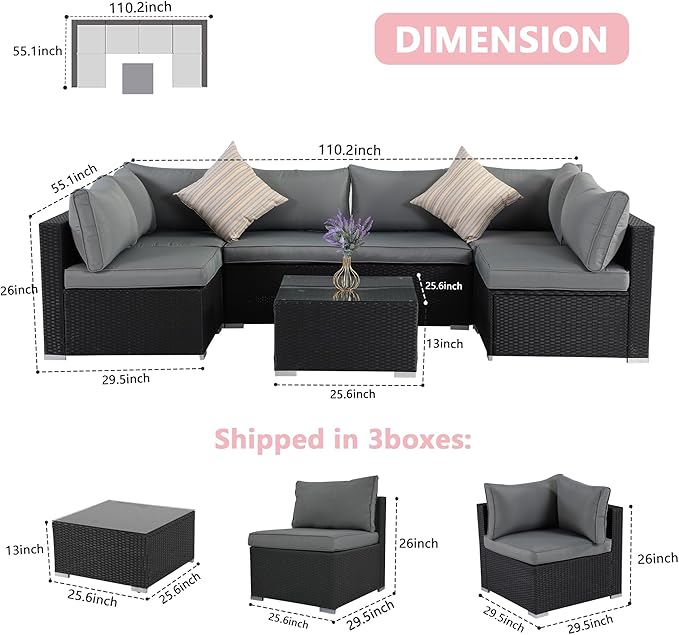 7 Pieces Black Patio Furniture Set - All-Weather Outdoor Sectional Wicker Conversation Sofa, Rattan Patio Seating Sofa Set with Grey Cushions and Glass Table for Porch Poolside