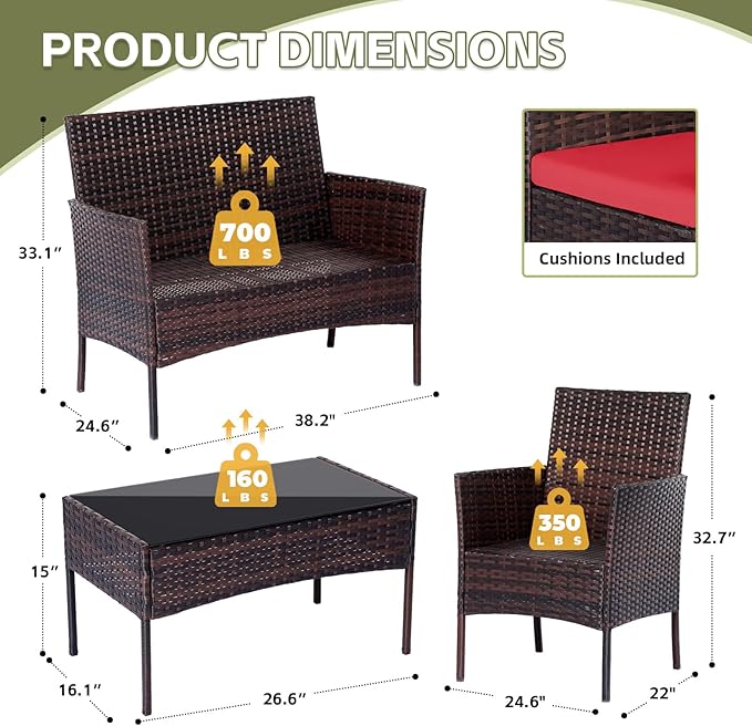 Patio Furniture Set,4 Piece Garden Conversation Set, Outdoor Wicker Rattan Table and Chairs, Black Patio Set, Sectional Sofa with Thick Cushion for Garden, Yard, or Porch (Brown/Red)