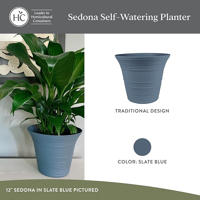 The HC Companies 14 Inch Sedona Round Self Watering Planter Pots, Lightweight UV-Resistant Plastic Indoor & Outdoor Planters, 2-Pack Flower Pots for Garden & Home Decor, Slate Blue