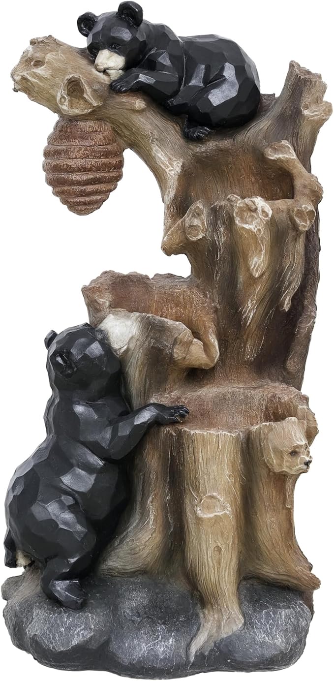 Outsunny 22.4" Tall Outdoor Water Fountain, 3-Tier Floor Standing Resin Bears and Honey Beehive Tree Waterfall Fountain with LED Lights, Pump for Garden, Patio, Backyard