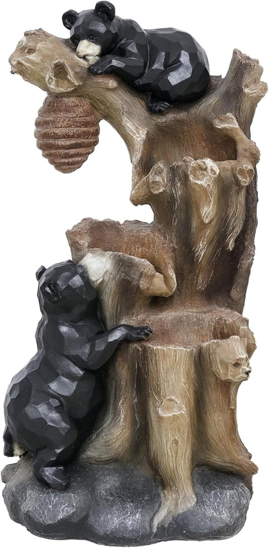 Outsunny 22.4" Tall Outdoor Water Fountain, 3-Tier Floor Standing Resin Bears and Honey Beehive Tree Waterfall Fountain with LED Lights, Pump for Garden, Patio, Backyard
