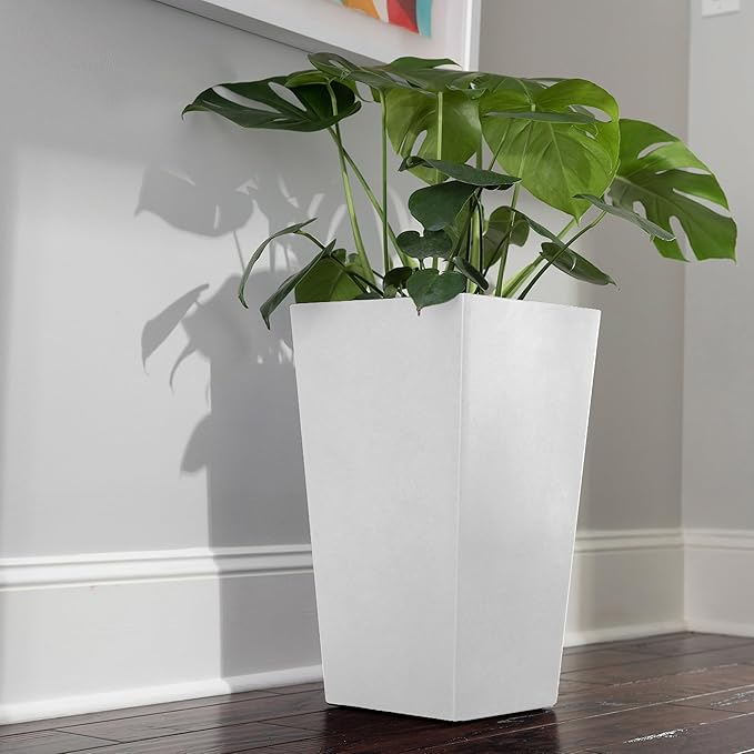 Bloem Tall Finley Tapered Square Planter: 20" - Casper White - Matte Textured Finish, 100% Recycled Plastic Pot, for Indoor and Outdoor Use, Gardening, 5 Gallon Capacity