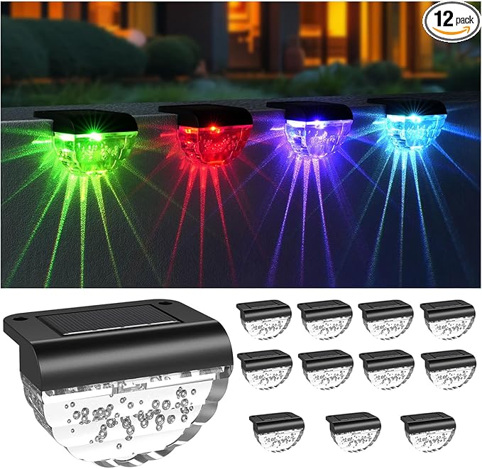 12 Pack Solar Deck Lights Outdoor, Solar Step Lights Waterproof for Outside, Yard, Patio, Garden, Pool, Railing, Stairs, Fence (Color Changing)