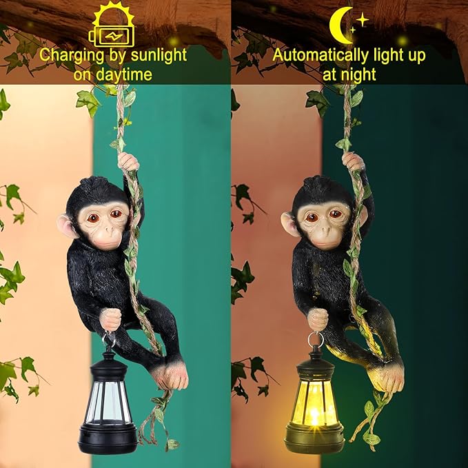 Solar Light Outdoor Monkey Statues Black 7.48 Inch Resin Chimpanzee Baby Monkey Climbing on Vine with LED Lantern Waterproof Hanging Figurine with Hook for Yard Garden Wall