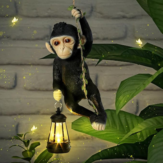 Solar Light Outdoor Monkey Statues Black 13.78 Inch Resin Chimpanzee Baby Monkey Climbing on Vine with LED Lantern Waterproof Hanging Figurine with Hook for Yard Garden Wall