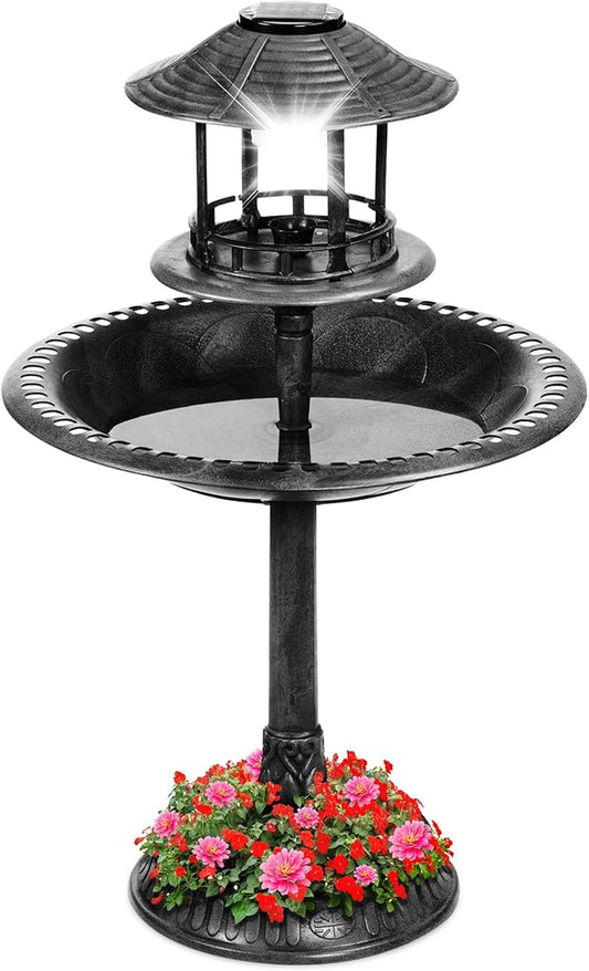 Best Choice Products Solar Outdoor Bird Bath Vintage Resin Pedestal Fountain Decoration for Yard, Garden w/Planter Base, Feeder, Decorative Bird Cage, Fillable Stand - Black