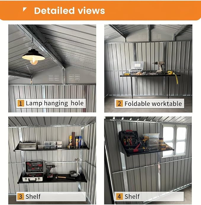 10x12 FT Outdoor Storage Shed, Large Metal Garden Shed with Window & Hinged Door, Upgraded Outside Tool Shed with Foldable Worktable & 2 Shelves, Waterproof Storage Building for Backyard, Brown+Black - Image 3
