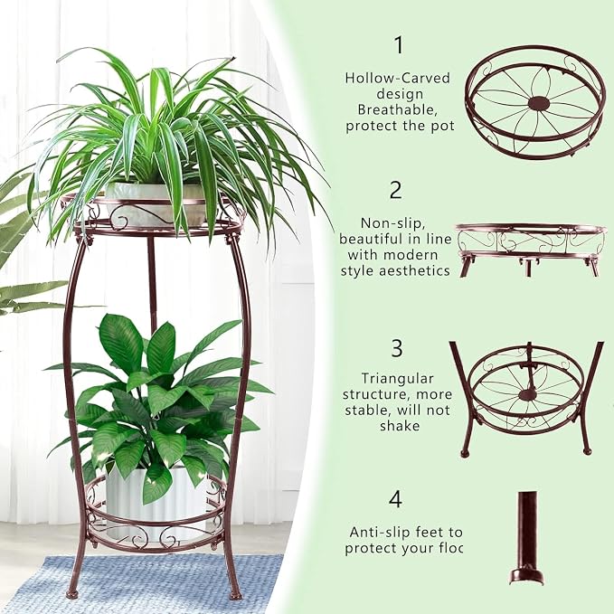 MOCORY Plant Stand Indoor Outdoor 2 Tier 27" Tall Metal Potted Holder Rack Flower Pot Stand Heavy Duty Plant Shelf Rustproof Iron Multiple Plant Round Supports Rack for Planter Corner Garden Balcony - Image 5