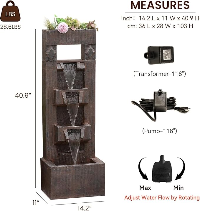 Vintage Wood-Look Waterfall Fountain with LED Lights & Planter – Indoor & Outdoor Water Fountain for Patio, Garden, Porch or Home Decor 40.9" H Patio Fountains Outdoor Yard Water Feature