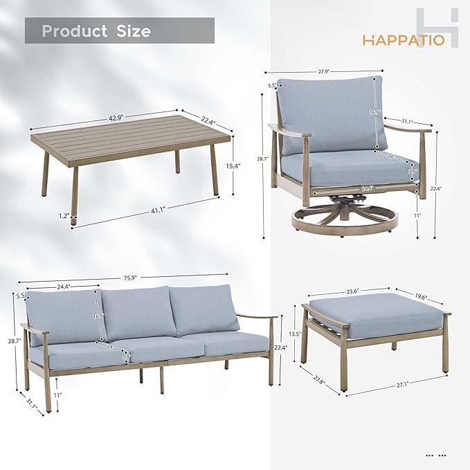 HAPPATIO Patio Outdoor Furniture Set - 6 Pieces Aluminum Outdoor Conversation Set with 1 Three-Seater Sofa, 1 Coffee Table, 2 Swivel Chairs, and 2 Ottomans for Yard, Porch, and Deck (Grey)
