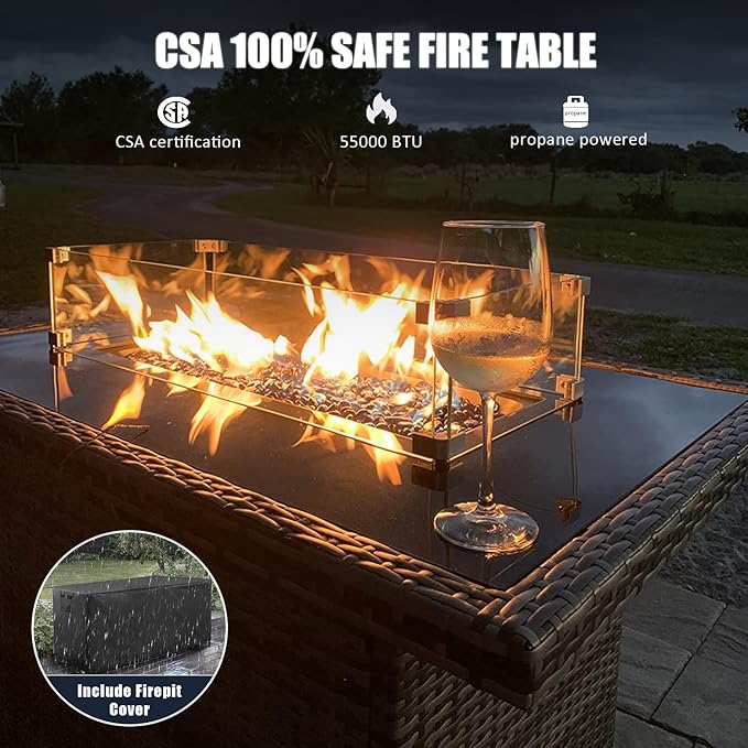 LayinSun 7 Pieces Outdoor Patio Furniture Set with Fire Pit Table, Rattan Wicker Swivel Rocker Chairs Sets with Swivel Glider Chairs and Coffee Table