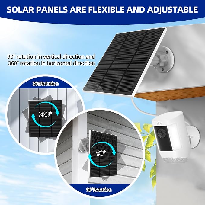 Solar Panels for Ring Camera Outdoor (New Generation) 5W 5V Solar Panel Charger with USB-C&Plug for Spotlight Cam Plus&Stick Up Cam Pro.Waterproof IP65 360°Adjustable 2M Cable (White, 2) - Image 4
