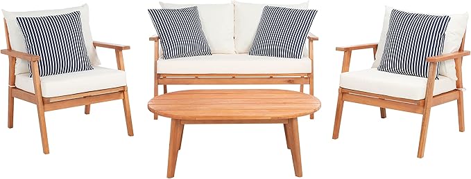 Safavieh PAT7050D Outdoor Deacon Natural and Beige 4-Piece Navy Striped Pillows Patio Set