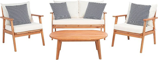 Safavieh PAT7050D Outdoor Deacon Natural and Beige 4-Piece Navy Striped Pillows Patio Set