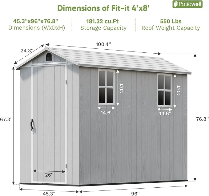 Patiowell 4x8 FT Plastic Outdoor Storage Shed with Floor, Garden Tool Resin Storage Shed with Two Windows and Single Lockable Door for Garden, Backyard, Lawn, Easy to Install, Light - Image 6