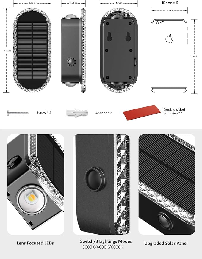 Solar Fence Lights Outdoor, 3000K/4000K/6000K 3 Modes Solar Wall Lights Outdoor Waterproof, Up&Down Dual-Head Outdoor Solar Lights for Yard House Fence Backyard Deck Garden Patio Porch, 4 PK