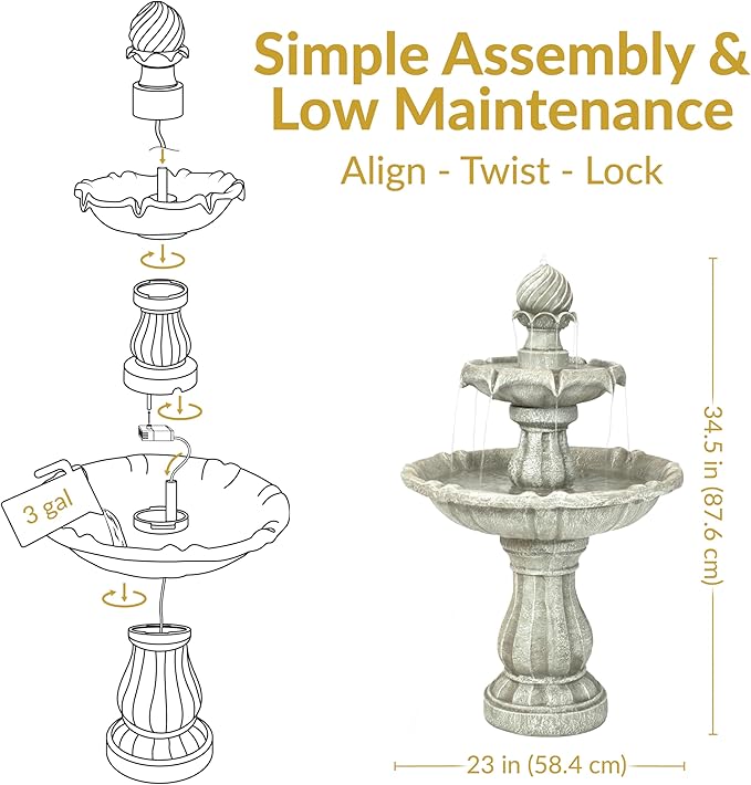 Sunnydaze 35" Solar 2-Tier Outdoor Water Fountain - Outdoor Water Fountain with Battery Backup and Pump - White