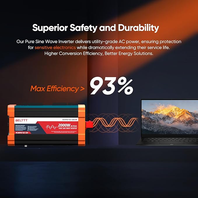 BELTTT 2000W Pure Sine Wave Inverter, Inverter 12V DC to 120V AC for Solar, RV, Truck, Outdoor, Power Inverter with Dual AC and 20A Socket, 5V 2.1A USB, Surge 4000W, Hardwire Port, Remote Controller - Image 6