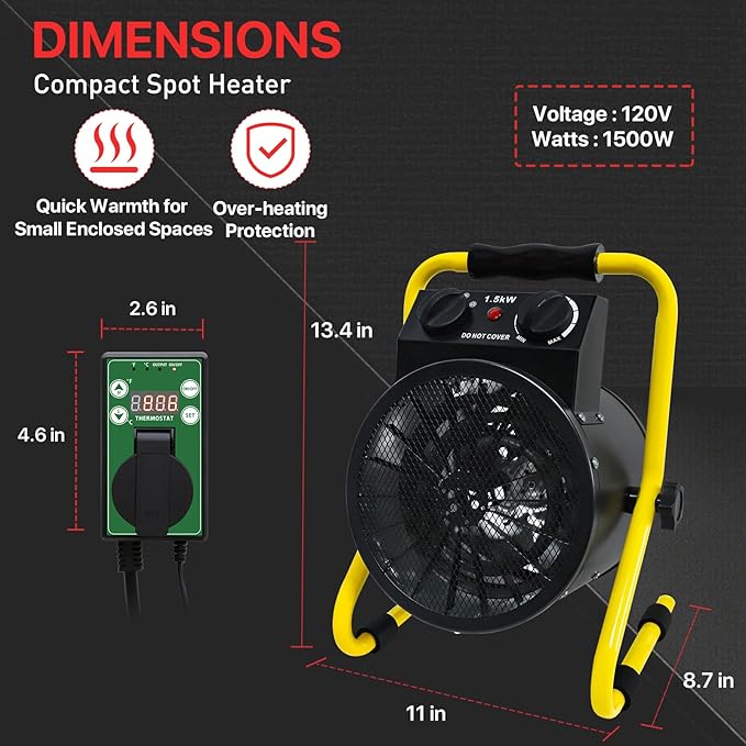EAGLE PEAK 1500W Greenhouse Heater, Electric Space Heater with Thermostat for Greenhouse, Grow Tent & Small Workshops, IPX4 Water Resistant Radiant Heat, 2 Pack, Black