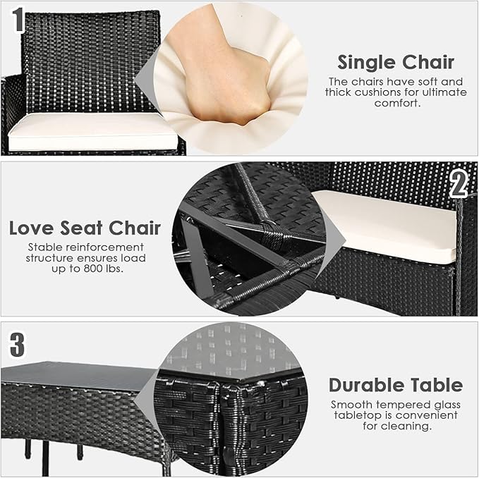 4 Pieces Patio Furniture Set, Outdoor Conversation Set with Ergonomic Curved Backrest, Patio Chair Set with Water-Resistant Cushion & Tempered Glass Table for Balcony, Porch, Pool (Beige)