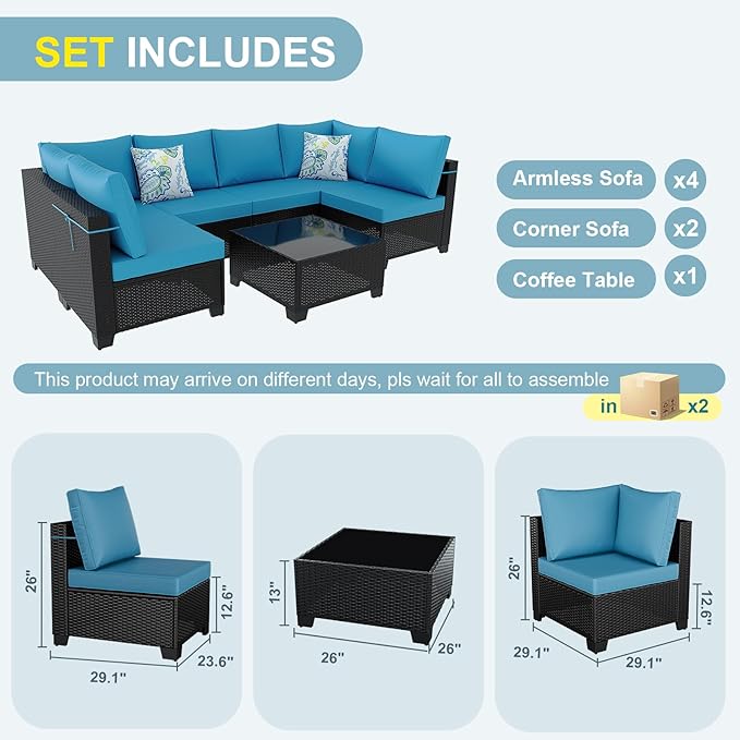 7 Pieces Patio Furniture Set, Outdoor Sectional Rattan Sofa Set, Wicker Patio Conversation Set with Cushions and Glass Coffee Table, for Balcony, Porch, Garden, Coffee and Peacock Blue