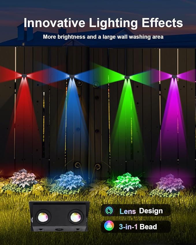 8Pack 3Side Color Changing Solar Powered Fence Lights Outdoor Decorative LED Waterproof Yard Lamps for Outside Wall, Deck, House Patio, Rail, Stair, Yard, Pool, 7 Colorful Modes, 1-Min Installation