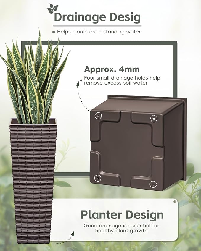 24 Inch Tall Plastic Planters (Set of 2), Detachable Inner Pot & Drainage Holes, Outdoor Decorative Flower Pots for Large Plants, Trees, Patio, and Garden, Brown
