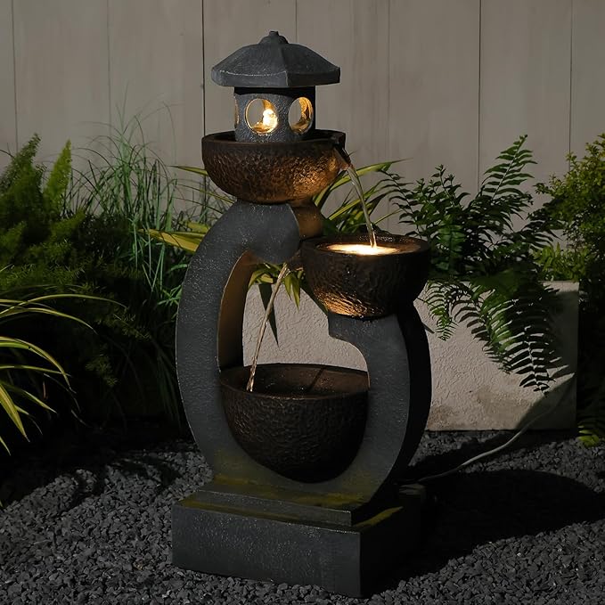 Outdoor Water Fountain with LED Lights, 3-Tier Zen Garden Fountain for Patio, Yard & Porch Decor – Durable Resin Waterfall Feature with Modern Japanese-Style Design, 35” Tall