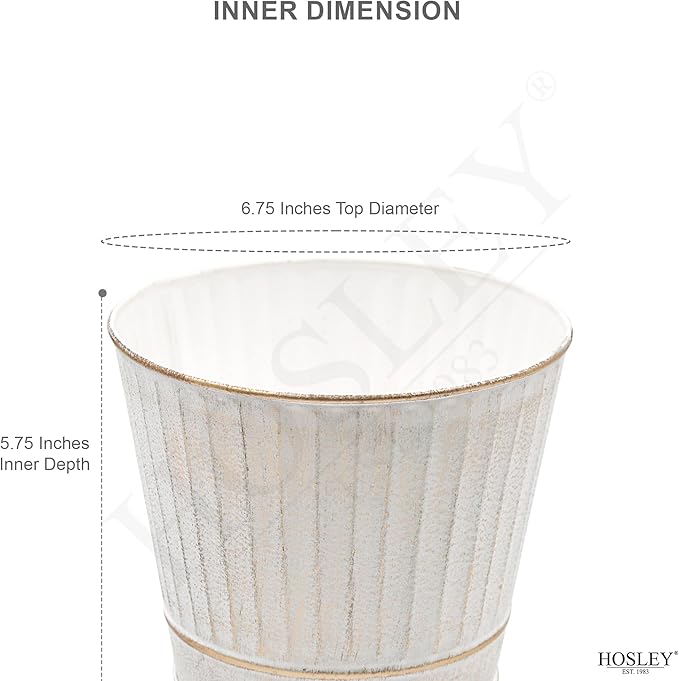 Hosley Metal Planters 7" Dia x 6" H Ideal Farmhouse Decor for Floral Arrangements Weddings, Gift Special Events Parties Outdoor Planters White wash