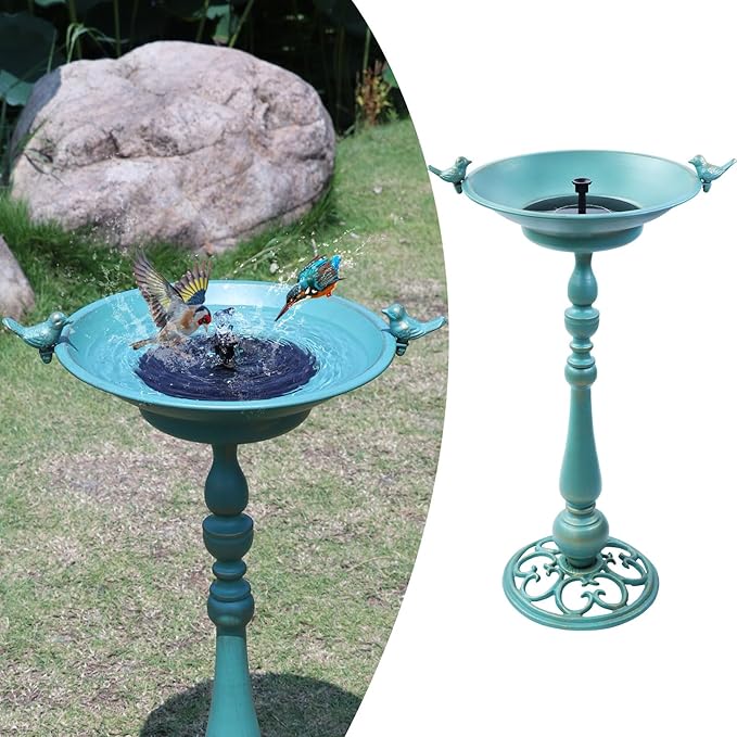 26.6" H Solar Bird Bath, Cast Iron Bird Bath and Solar Fountain, Outdoor Metal Bird Bath Bowl for Outdoors,Patio Yard Lawn Decor（Bronze