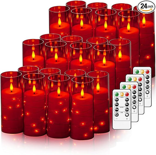 Flickering Flameless LED Candles,Battery Operated Candles 24 Pcs with Embedded Star String,Acrylic LED Pillar Candles with Remote,Suitable for Home Decoration to Create an Atmosphere (Red)