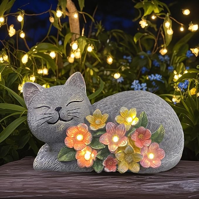 Solar Cat Outdoor Statue, Resin Solar Cat Lights with Flower for Outside, Garden Cats Figurine for Lawn Porch Yard Art - Birthday Gifts for Mom Grandma Women