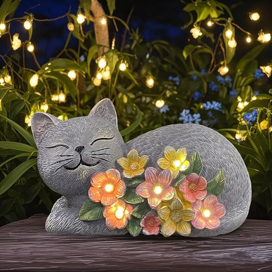 Solar Cat Outdoor Statue, Resin Solar Cat Lights with Flower for Outside, Garden Cats Figurine for Lawn Porch Yard Art - Birthday Gifts for Mom Grandma Women