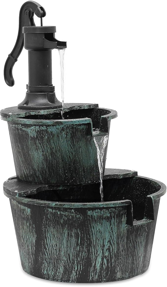 MoNiBloom Outdoor Water Fountains, 27" Tall 2-Tier Barrel and Pump Waterfall Fountain and Pump for Outdoor Patio Garden Backyard Deck, 11L Water Capacity, Green