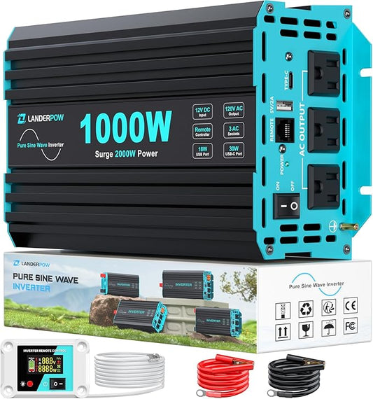 1000 Watt Pure Sine Wave Inverter, Power Inverter for Car, Camping, Solar, RV, Truck, Home, 12V DC to 120V AC Inverters with 3 AC Outlet, 30W USB-C, 5V 3.1A USB, Remote Control, Surge 2000W by Unknown