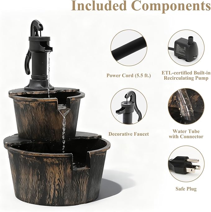 Athena Collection 27'' Height Electric Waterfall Fountain 2 Tier Stepped Barrel Vintage Fountain Polypropylene with Pump Freestanding Floor Tabletop Fountain for Outside, Patio, Garden, Bronze