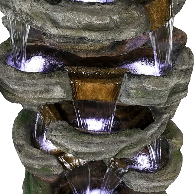 Naturefalls 47.2inches Outdoor Rockery Water Fountain with Led Lights - Poly-Resin Rock Cascading Water Fountains - Relaxation Water Features for Patio, Yard, Deck, Garden Decor