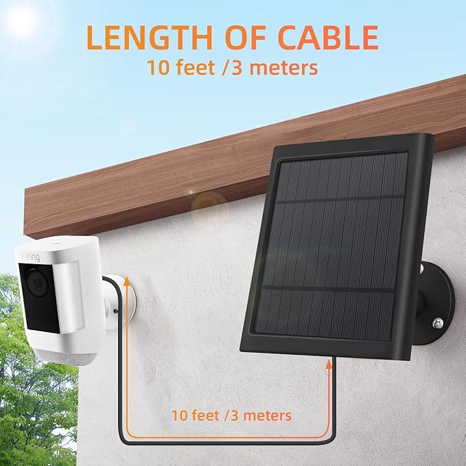 USB-C to Ring Barrel Plug 8Pack 4W Solar Charger for Ringing Spotlight & Stick Up Outdoor Cam, Black, High Efficiency, 10FT/3M Long Cable with IP65 dustproof and Waterproof - Image 5