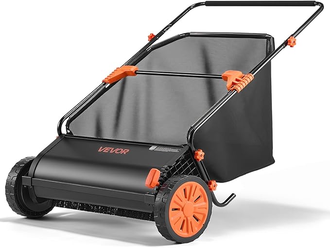 VEVOR Push Lawn Sweeper, 30 in Leaf & Grass Collector with 12 cu. ft. Hopper Bag, Adjustable Brush Height & Spinning Brushes, Heavy Duty Yard Sweeper with Rubber Wheels for Leaves Grass Cleanup by VEVOR