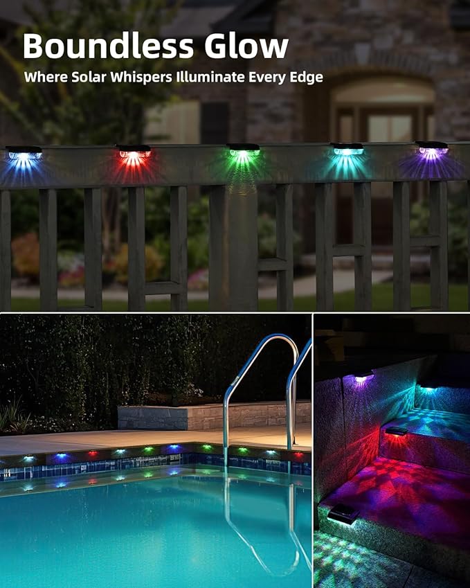 12 Pack Solar Deck Lights Outdoor RGB Led Solar Fence Lights Step Waterproof for Stairs, Step, Fence, Yard, Patio, Balcony and Pool (Color Changing)