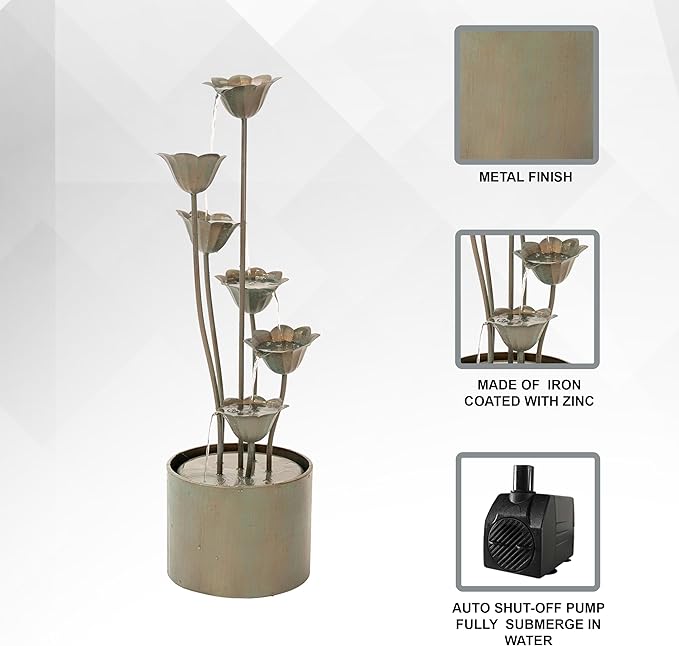 XBrand 35-Inch Freestanding Sculptural Metal Multi-Tier Flower Water Fountain, Silver