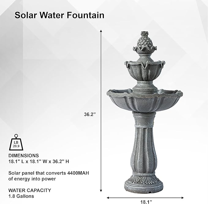 XBrand 36.2" Solar Powered 2-Tier Outdoor Water Fountain, Resin Fountain with Solar Panel Pump, Gray