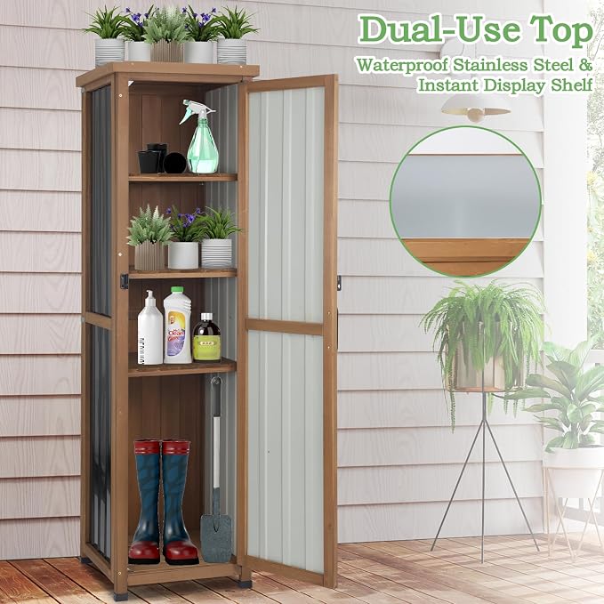 62" H Tall Narrow Outdoor Storage Cabinet with Metal Top, Outdoor Shed Storage Unit Waterproof with Adjustable Shelves for Garden, Patio, Living Room, or Entryway Storage, Black - Image 6