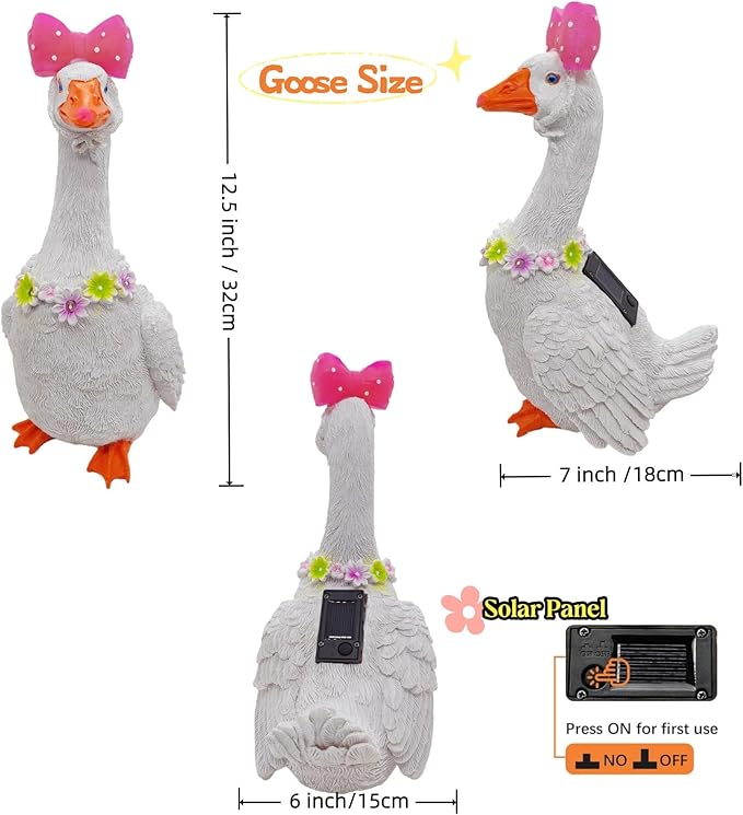 Solar Porch Goose Statue with Glowing Goose Outfits, 12 inch Resin White Goose Customizable Outdoor Garden Decor, Funny Duck Sculptures for Garden Stairs, Farm, Yard, Patio, Lawn, Easter Mom Gifts