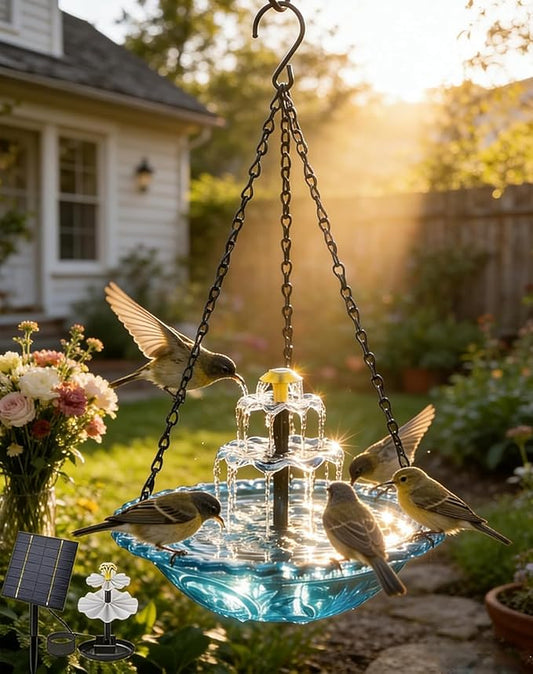 Solar Cascade Hanging Bird Bath Fountain, Solar Birdbath Fountain with Pump, Weatherproof Water Feature to Attract Hummingbirds, Garden Gift Yard Patio Backyard Decoration (Blue)