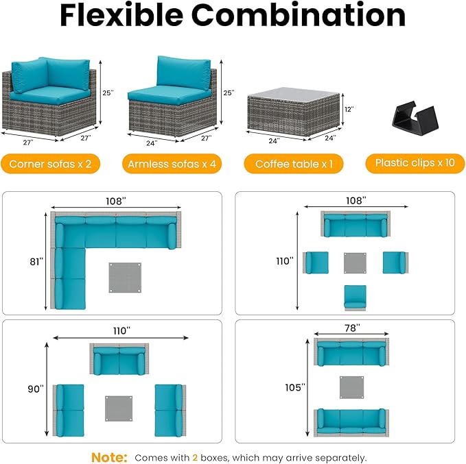 7-Piece Modular Patio Furniture Set, Wicker Outdoor Sectional Sofa with Cushions and Coffee Table, All Weather Patio Conversation Sets for Porch Balcony Backyard, Light Blue