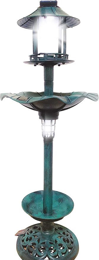 Birdbath 43" Vintage Green Solar Lighted Pedestal Bird Bath Garden Fountain Decoration Planter Accents BirdBath Antique Pedestal Flower Decoration Yard Statue Feeder Decorative Cage Stand