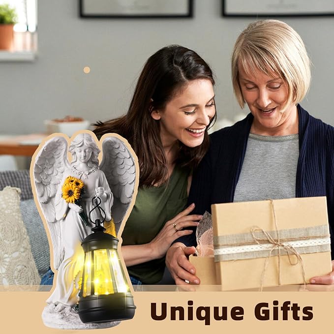Sympathy Gifts for Loss of Loved One- 8.8" Resin Angel Figurines Holding Sunflowers Waterproof Angel Decor Cemetery Decorations for Grave-Grave Decorations for Cemetery